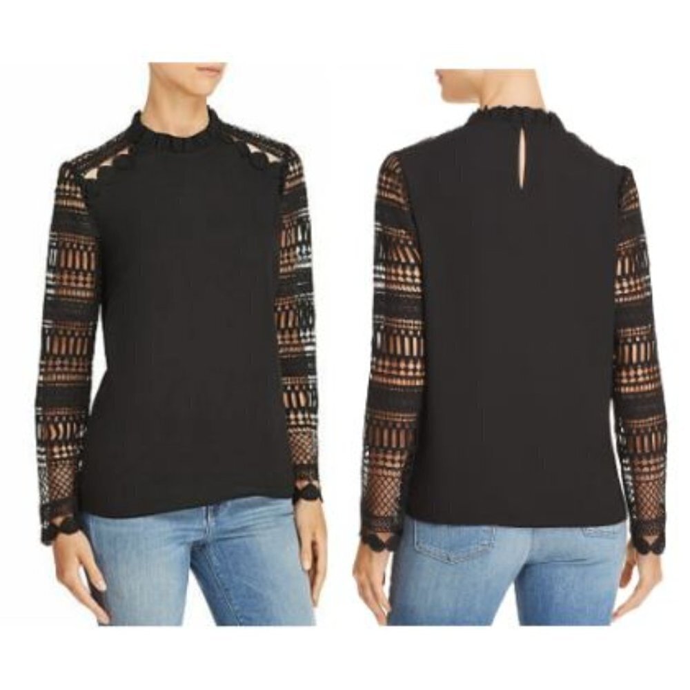 AQUA Black Mock-Neck Lace Long Sleeve Blouse Top Women's Size XS